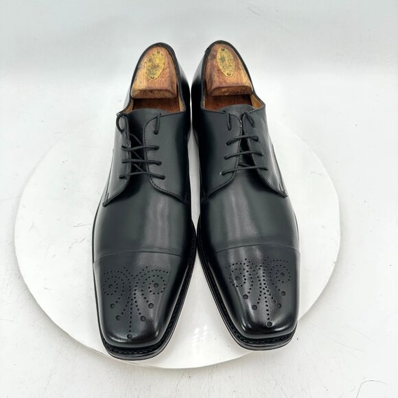 Salvatore Ferragamo Tramezza Italy Men Size 9.5 Black Leather Brogue Derby Shoes - Picture 1 of 13